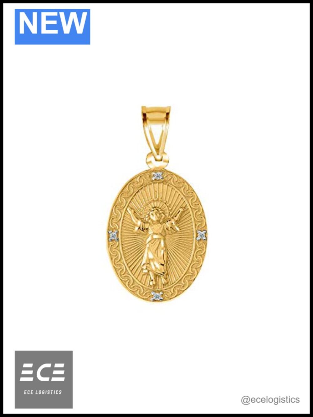 Solid 10K Yellow Gold Diamond Divine Child Oval Medal Pendant Fine Jewelry Gift